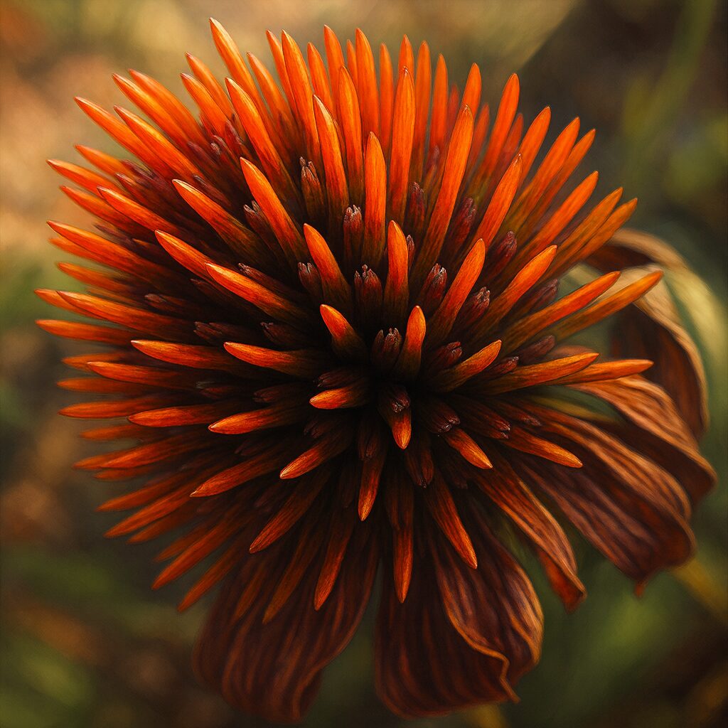 エキナセアの花心を精密に描いたプロレベルのデジタルイラスト。橙赤から茶褐色に移ろうトゲ状の小花が立体的に表現され、枯れ始めた花弁とともに晩期の姿を写実的に描写