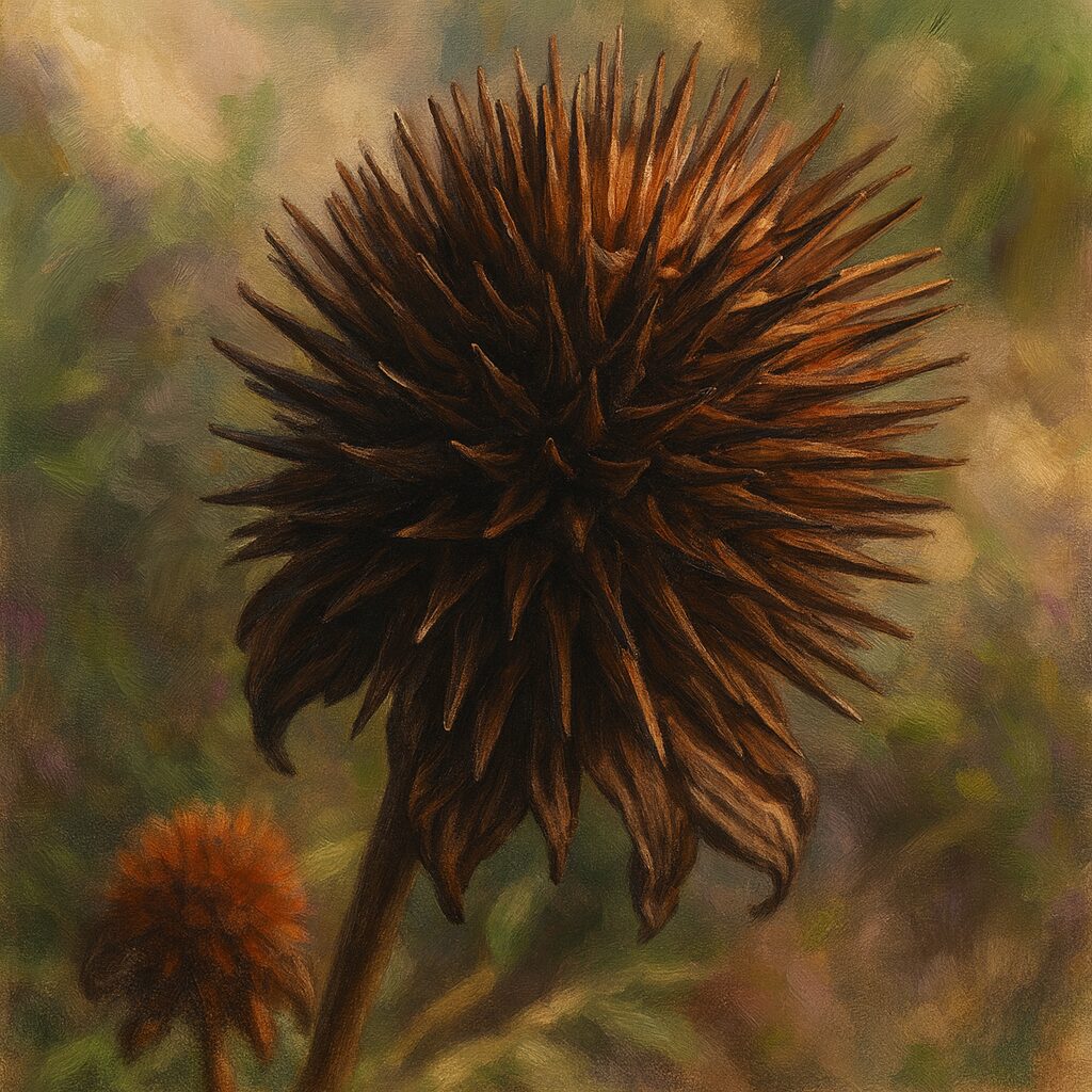 枯れたエキナセアの花心を精密に描いたプロレベルのデジタルイラスト。鋭く尖った茶色のトゲ状部分が立体的に表現され、背景の柔らかな色彩が晩期の姿を際立たせる作品