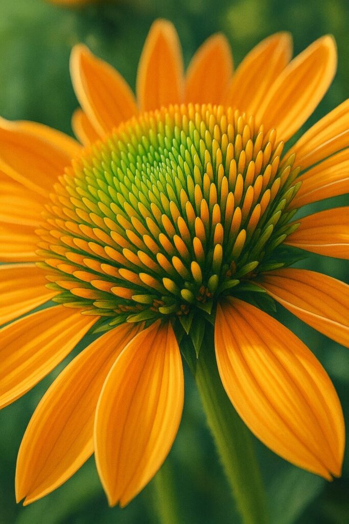 黄色いエキナセアの花を精密に描いたプロレベルのデジタルイラスト。緑から黄へと色づく花心と放射状に広がる黄金色の花弁を写実的に表現した作品