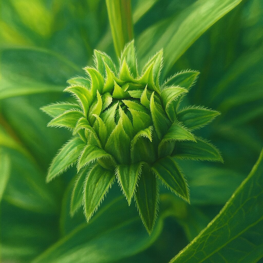 エキナセアの蕾を精密に描いたプロレベルのデジタルイラスト。細かい毛を持つ緑の苞葉が放射状に重なり、開花前の造形美を写実的に表現した作品