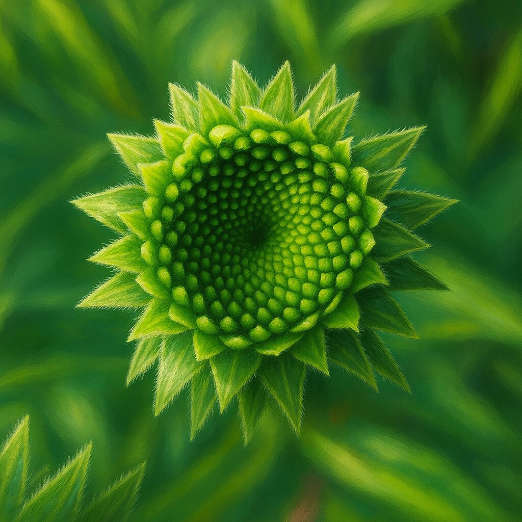 エキナセアの蕾を真上から精密に描いたプロレベルのデジタルイラスト。緑の小花が規則的な螺旋を形成し、鋭い苞葉が放射状に広がる姿を写実的に表現