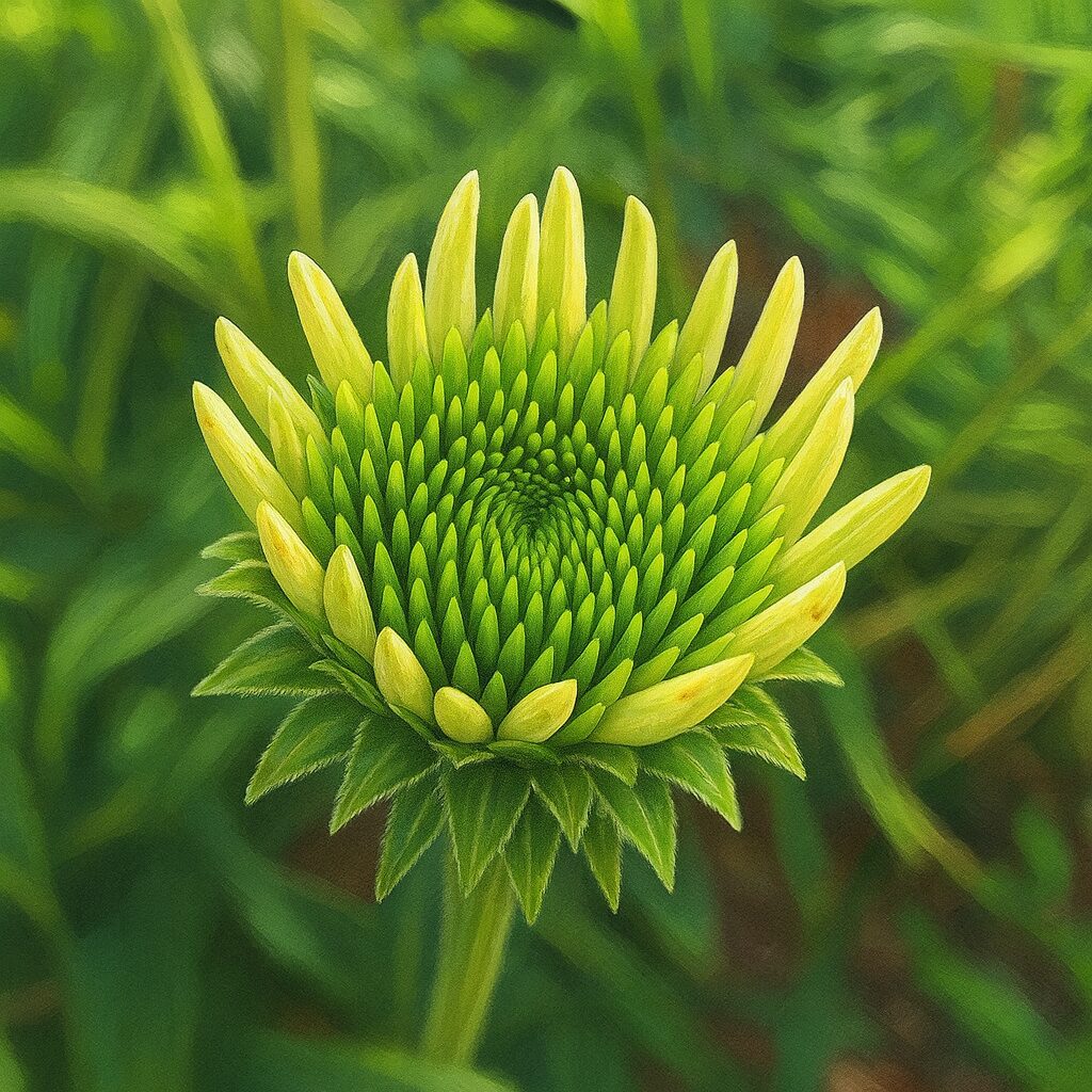 開花直前のエキナセアの蕾を精密に描いたプロレベルのデジタルイラスト。緑の小花が渦を描き、黄緑の花弁が外側へと伸びる過程を写実的に表現した作品