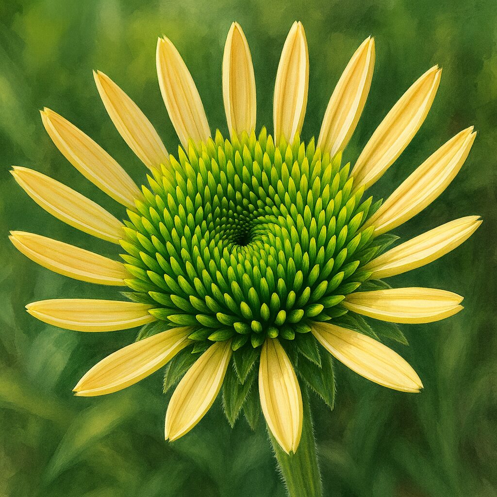 開花途中のエキナセアを精密に描いたプロレベルのデジタルイラスト。緑の小花が螺旋を成し、淡黄色の花弁が伸びて広がる過程を写実的に表現した作品