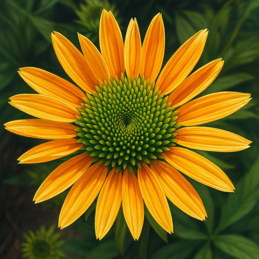 オレンジ色のエキナセアを真上から精密に描いたプロレベルのデジタルイラスト。緑の小花が規則的な螺旋を成し、鮮やかな橙色の花弁が放射状に広がる様子を写実的に表現した作品