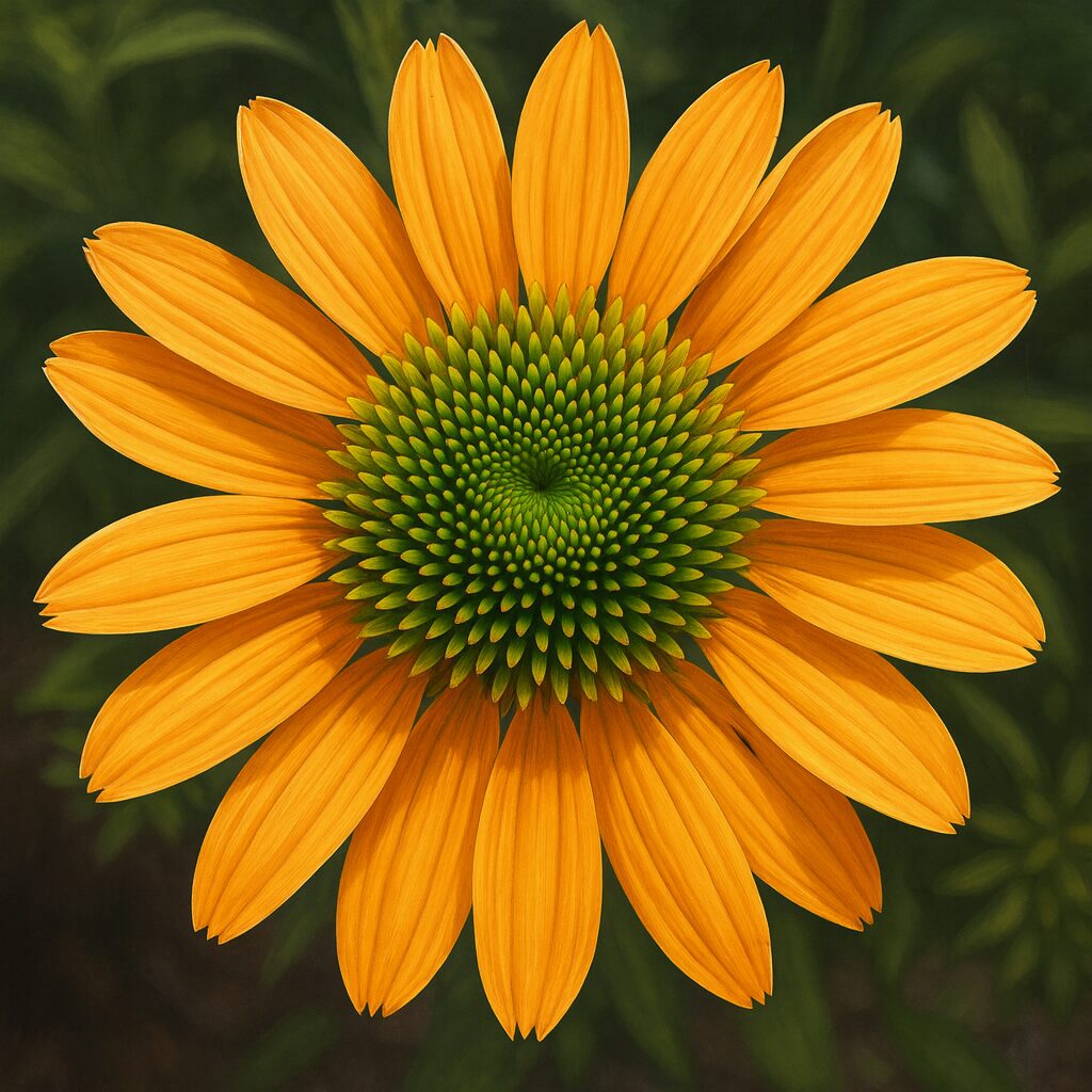 オレンジ色のエキナセアを真上から精密に描いたプロレベルのデジタルイラスト。規則的に並ぶ緑の花心と、放射状に広がる橙色の花弁を写実的に表現した作品