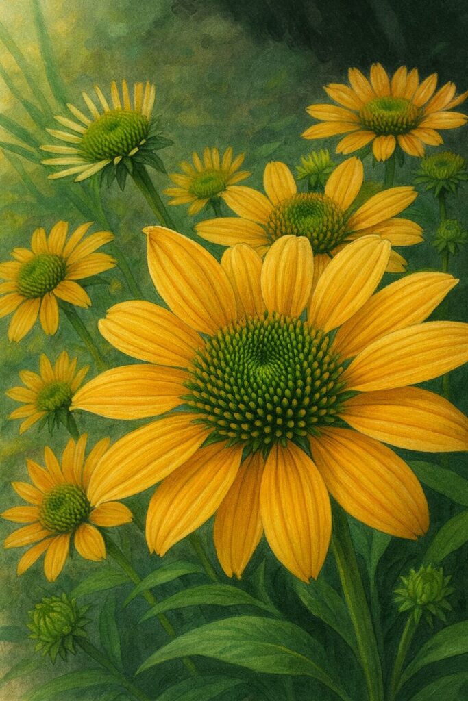 黄色いエキナセアの群生を精密に描いたプロレベルのデジタルイラスト。前景の花心が緑の花を中心に、奥へと広がる花々が自然の調和を表現する作品