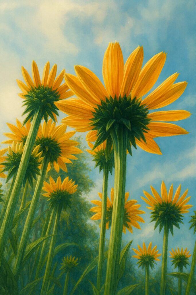 黄色いエキナセアを下からの視点で描いたプロレベルのデジタルイラスト。青空に向かって伸びる茎と黄金色の花弁が力強く表現された作品