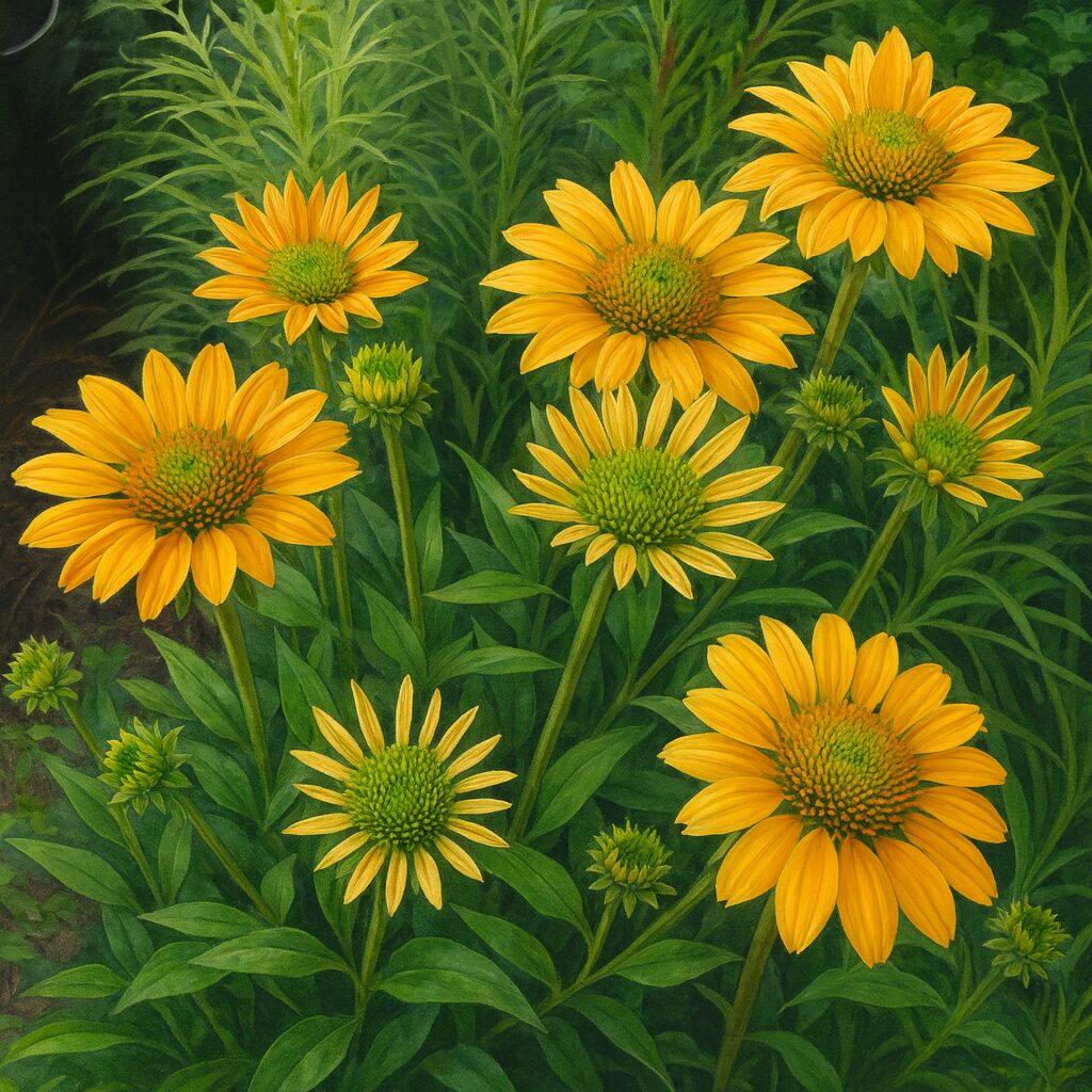 群生するオレンジ色のエキナセアを精密に描いたプロレベルのデジタルイラスト。緑の花心と黄金色の花弁が調和し、開花過程を含む自然な姿を写実的に表現した作品