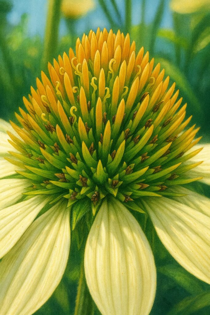 白い花弁のエキナセアを精密に描いたプロレベルのデジタルイラスト。緑から黄色に変化する花心の小花と立体的な雄しべのカールを写実的に表現した作品