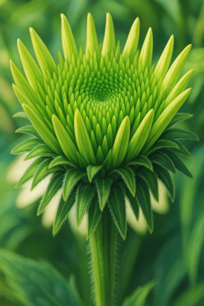 エキナセアの若い蕾を精密に描いたプロレベルのデジタルイラスト。緑の小花が螺旋状に並び、柔らかな毛を持つ苞葉が放射状に広がる姿を写実的に表現した作品