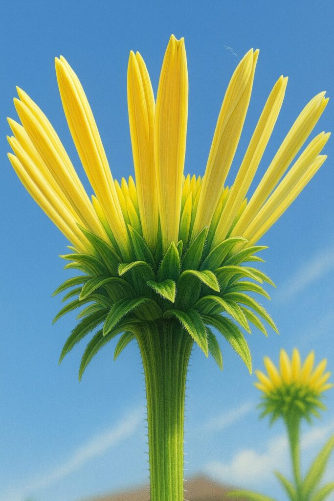 青空を背景に開花直前のエキナセアを下から精密に描いたプロレベルのデジタルイラスト。黄緑色の花弁が天に向かって伸び、緑の苞葉が立体的に表現された作品