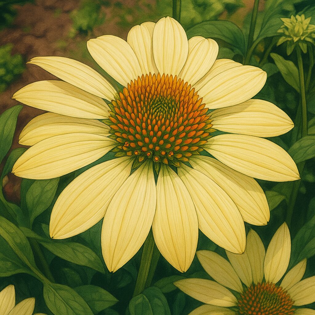 淡い黄色のエキナセアを精密に描いたプロレベルのデジタルイラスト。緑から橙色へ移ろう花心と、繊細な質感の黄色い花弁を写実的に表現した作品