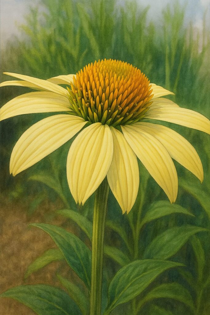淡黄色のエキナセアを斜めから精密に描いたプロレベルのデジタルイラスト。橙色の花心と淡い黄色の花弁が写実的に表現され、自然な立体感が際立つ作品