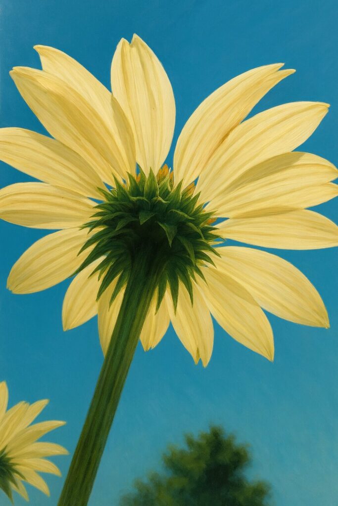 青空を背景に淡黄色のエキナセアを下から精密に描いたプロレベルのデジタルイラスト。花弁の裏側と重なり合う緑の苞葉を写実的に表現した作品