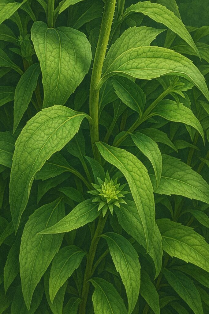 エキナセアの茎と葉を精密に描いたプロレベルのデジタルイラスト。細かい毛を持つ茎と葉脈がくっきりした緑の葉、そして根元の小さな蕾を写実的に表現した作品