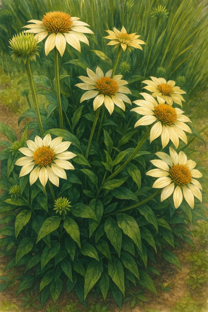 淡黄色のエキナセアが群生して咲く姿を精密に描いたプロレベルのデジタルイラスト。緑から橙色へ移ろう花心と優しい黄色の花弁を写実的に表現した作品