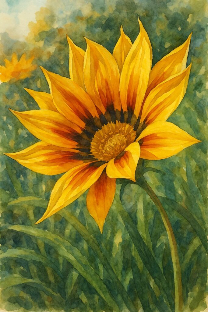 秋の光を浴びる黄橙色のガザニアを描いた水彩画風イラスト