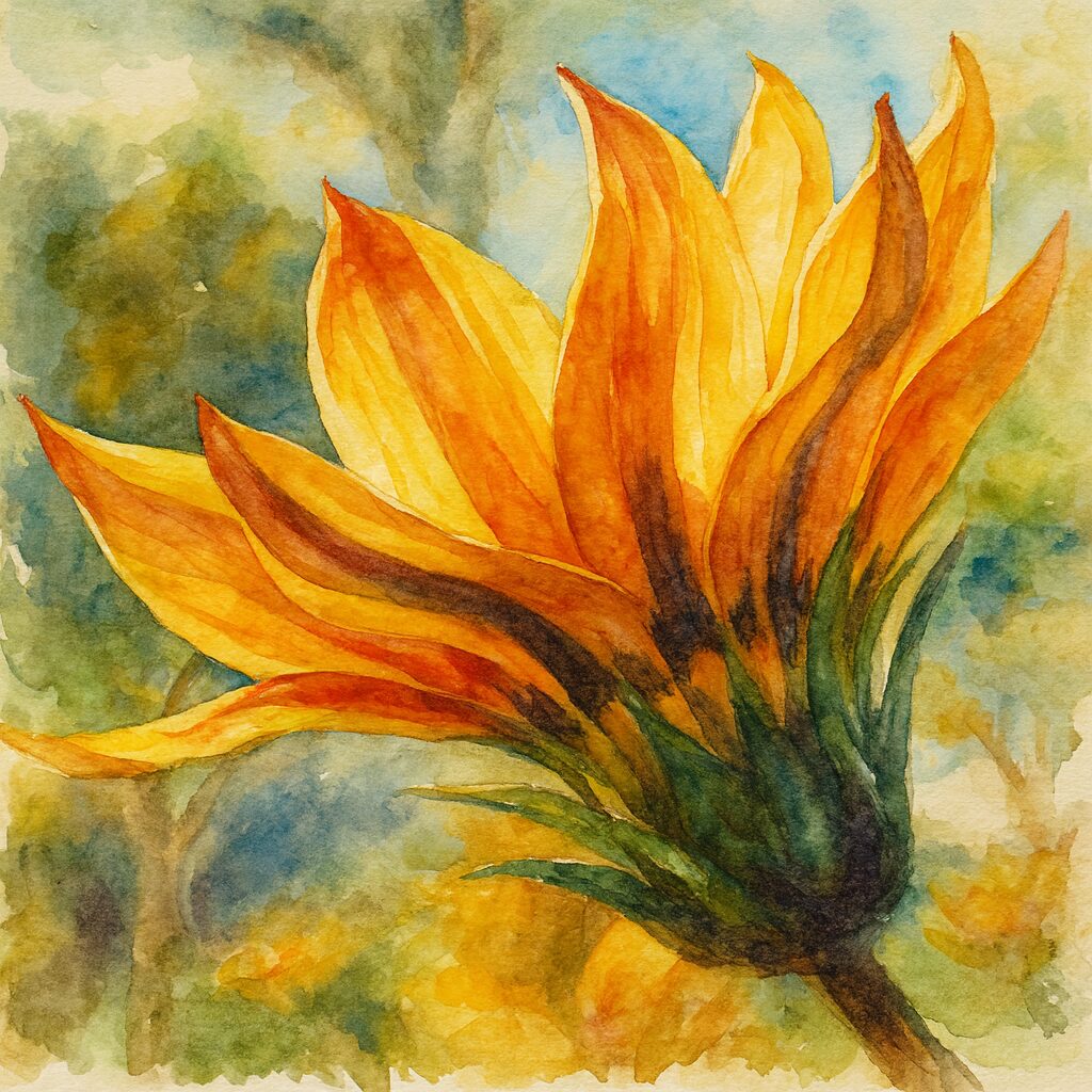 逆光に透ける黄橙色のガザニアを横構図で描いた水彩画風イラスト