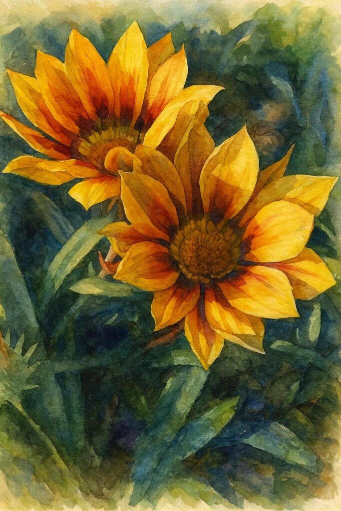 陽光に輝く二輪の黄橙色ガザニアを描いた水彩画風イラスト