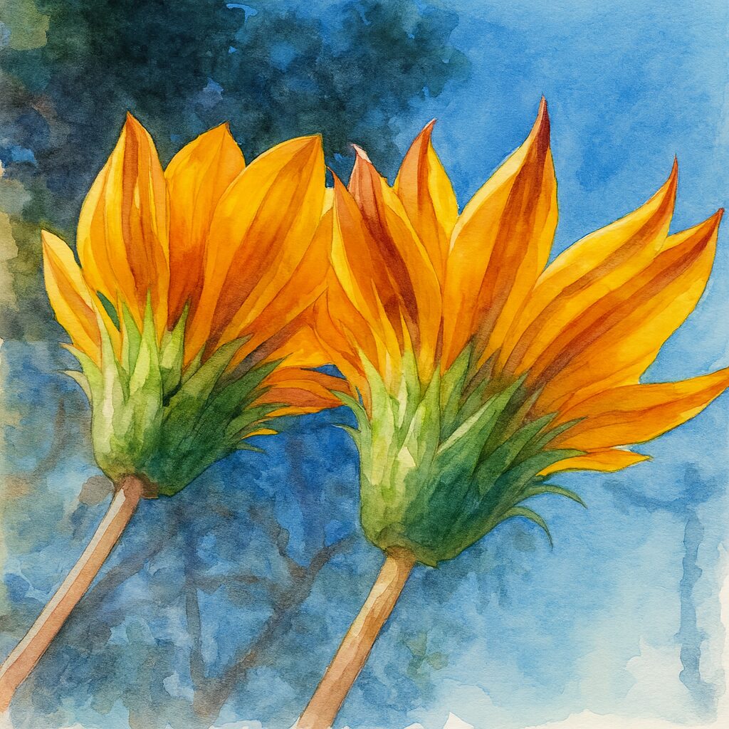 青空を背景に二輪のガザニアを下から見上げる構図で描いた水彩画風イラスト