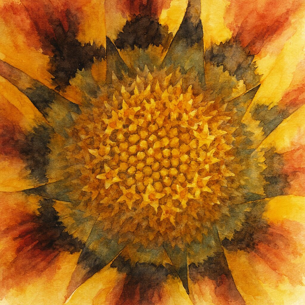 ガザニアの花芯を真上から描いた水彩画風イラスト｜黄色とオレンジが織りなす放射状の美しい中心部