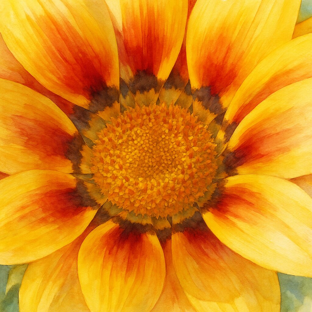 ガザニアの花芯と鮮やかな花弁を柔らかな筆致で描いた水彩画風イラスト