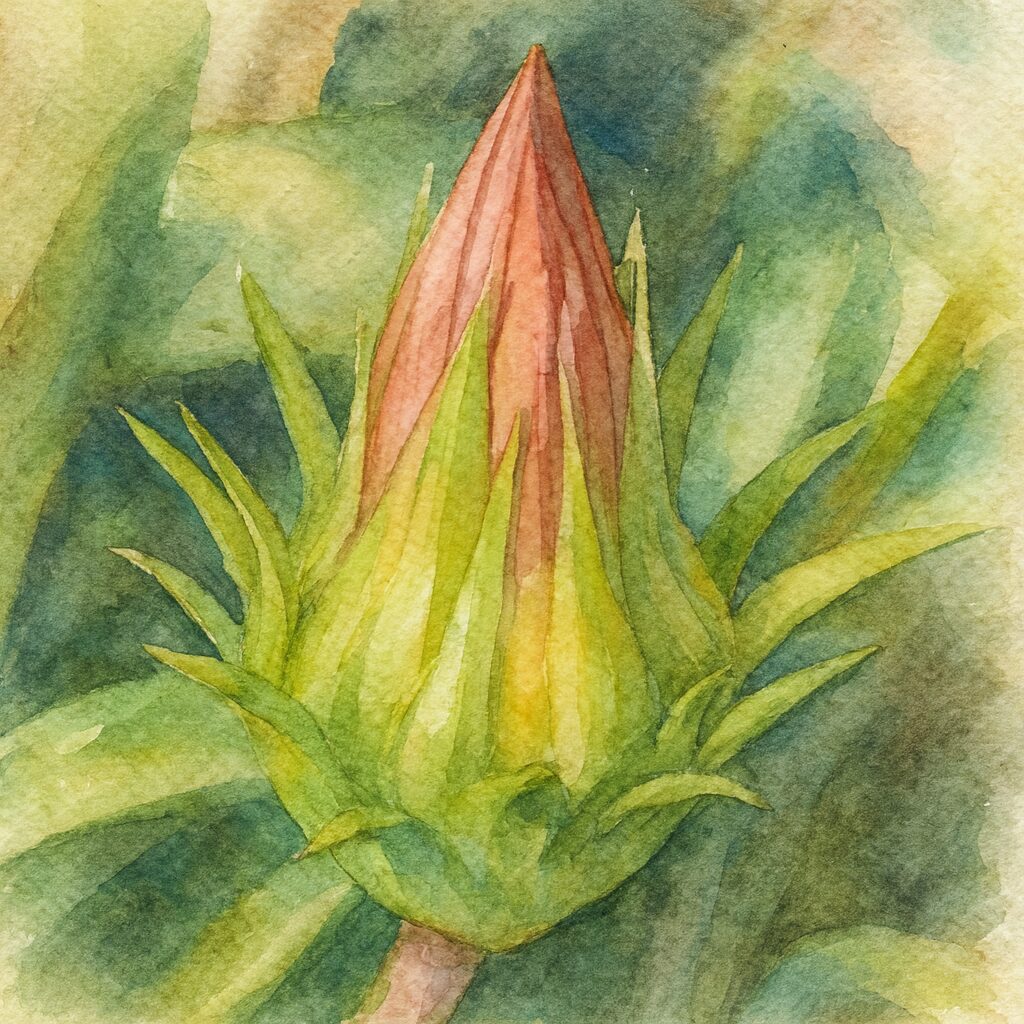 ガザニアの赤い蕾と緑の萼を柔らかなタッチで描いた水彩画風イラスト