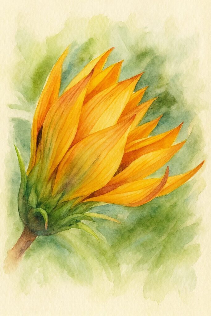 開きかけのガザニアを横から柔らかなタッチで描いた水彩画風イラスト