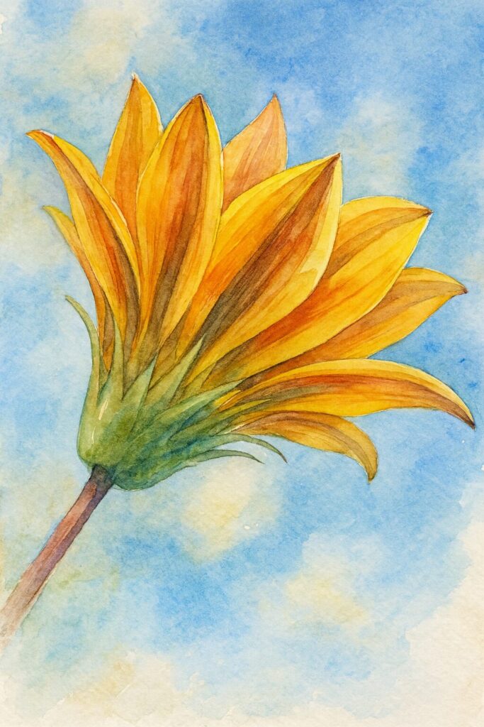 青空を背に黄橙色のガザニアを下から見上げる構図で描いた水彩画風イラスト