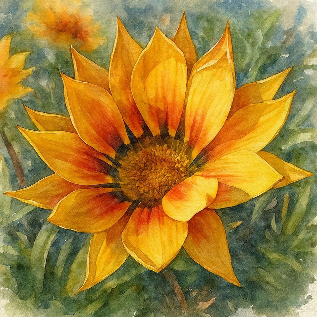 黄橙色のガザニアを柔らかな筆致で描いた水彩画風イラスト｜赤い差し色の花弁が印象的な構図