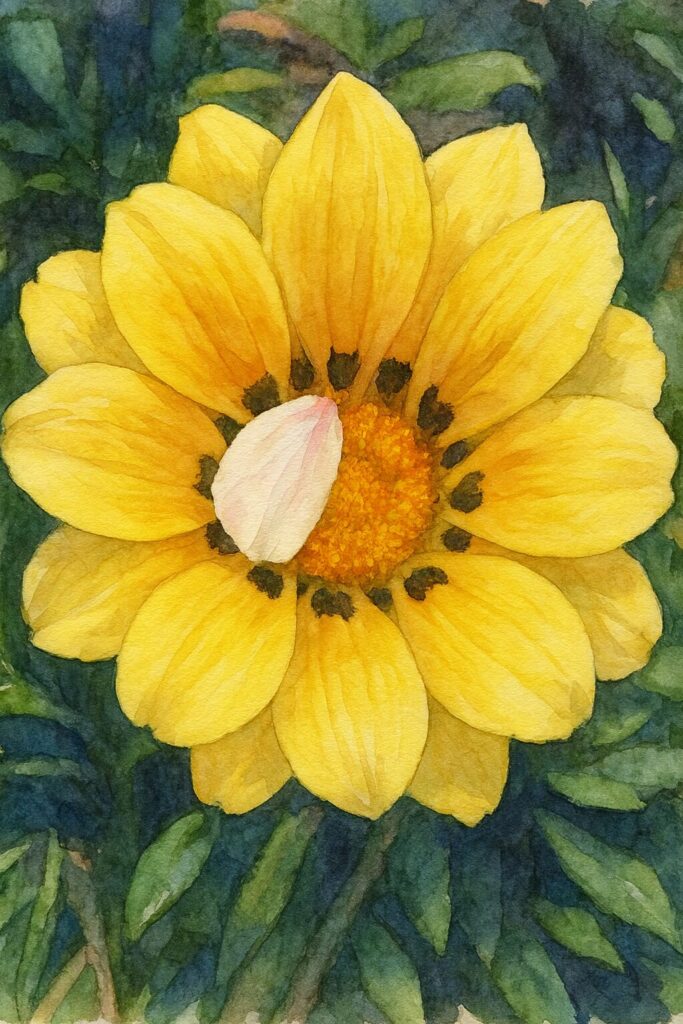 真上から見た黄色いガザニアと中央の白い花弁を柔らかな色合いで描いた水彩画風イラスト