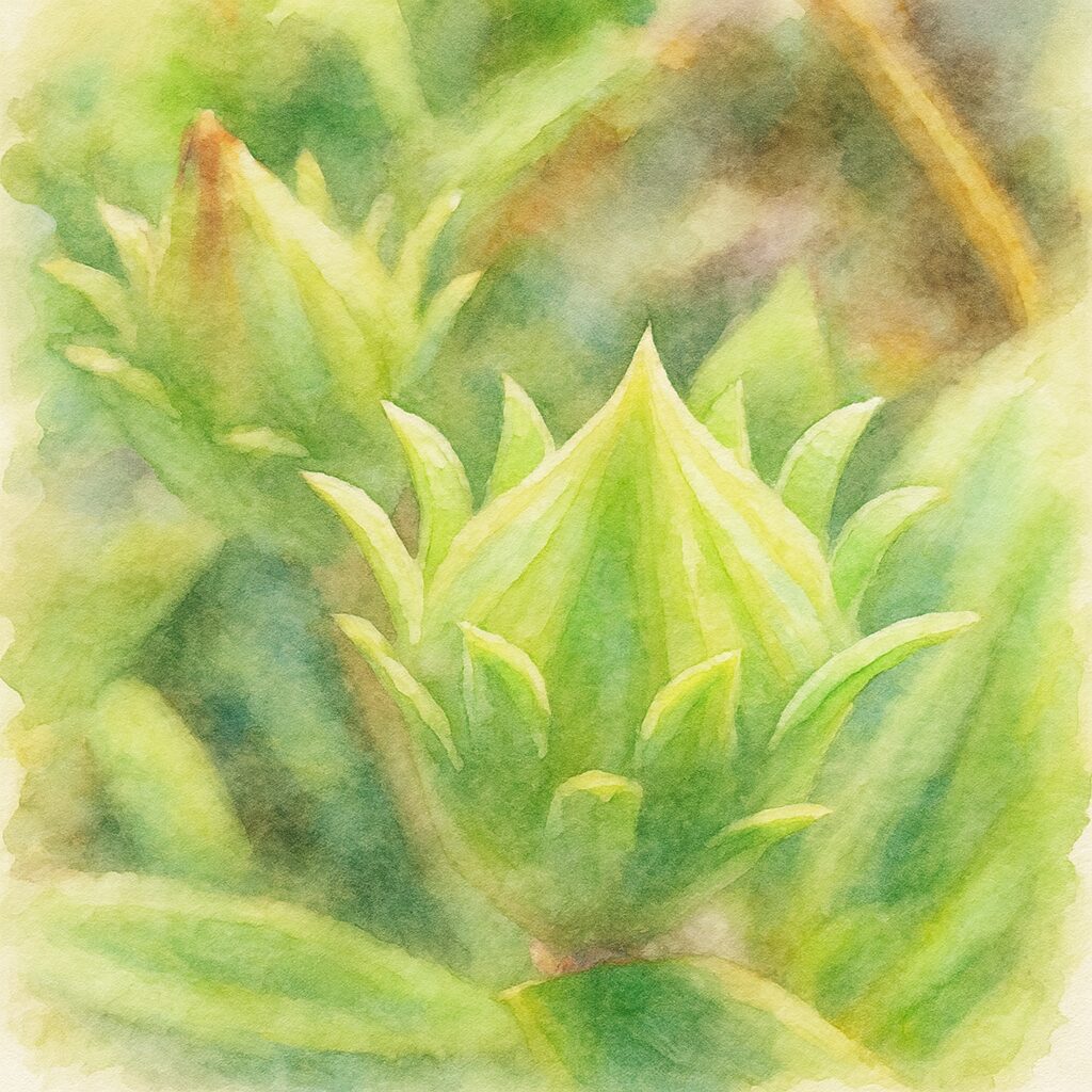 ガザニアの緑の蕾を柔らかな筆致で描いた水彩画風イラスト｜重なり合う萼片が印象的な構図
