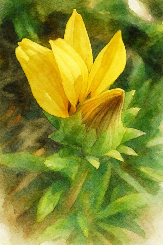 開きかけた黄色いガザニアを柔らかな色調で描いた水彩画風イラスト｜萼からのぞく花弁が印象的な構図