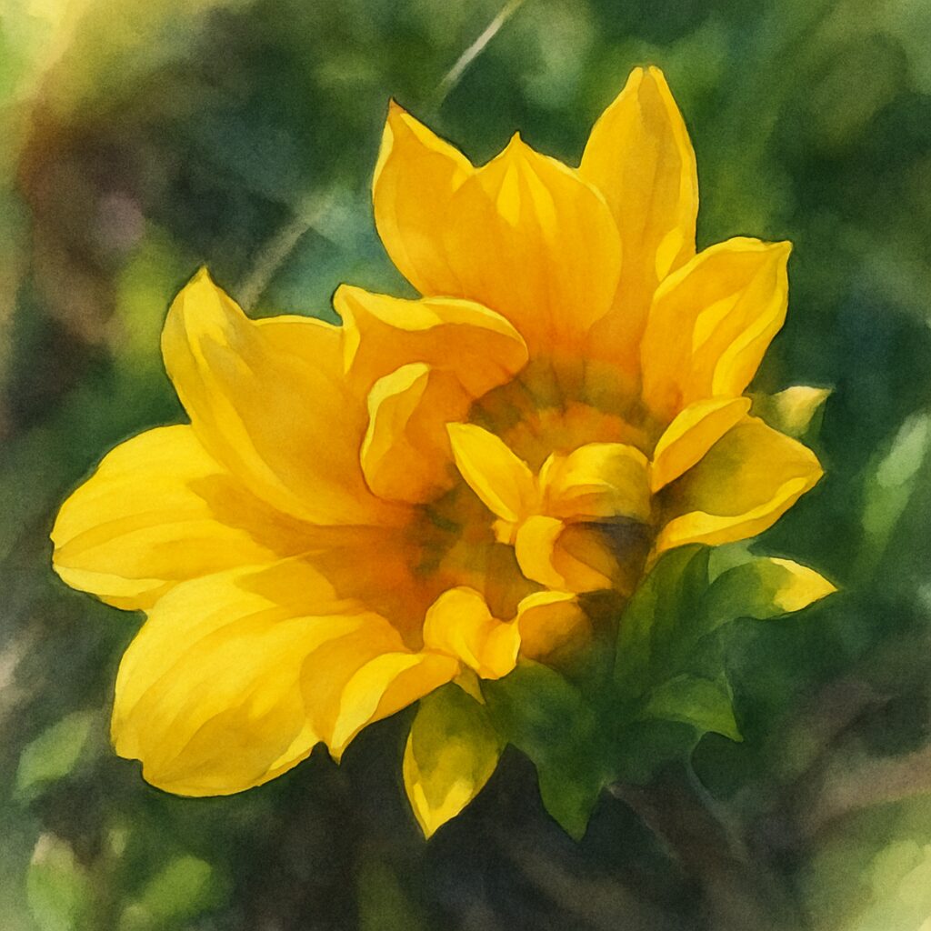 開きかけの黄色いガザニアを柔らかなタッチで描いた水彩画風イラスト｜花弁の重なりが美しい構図