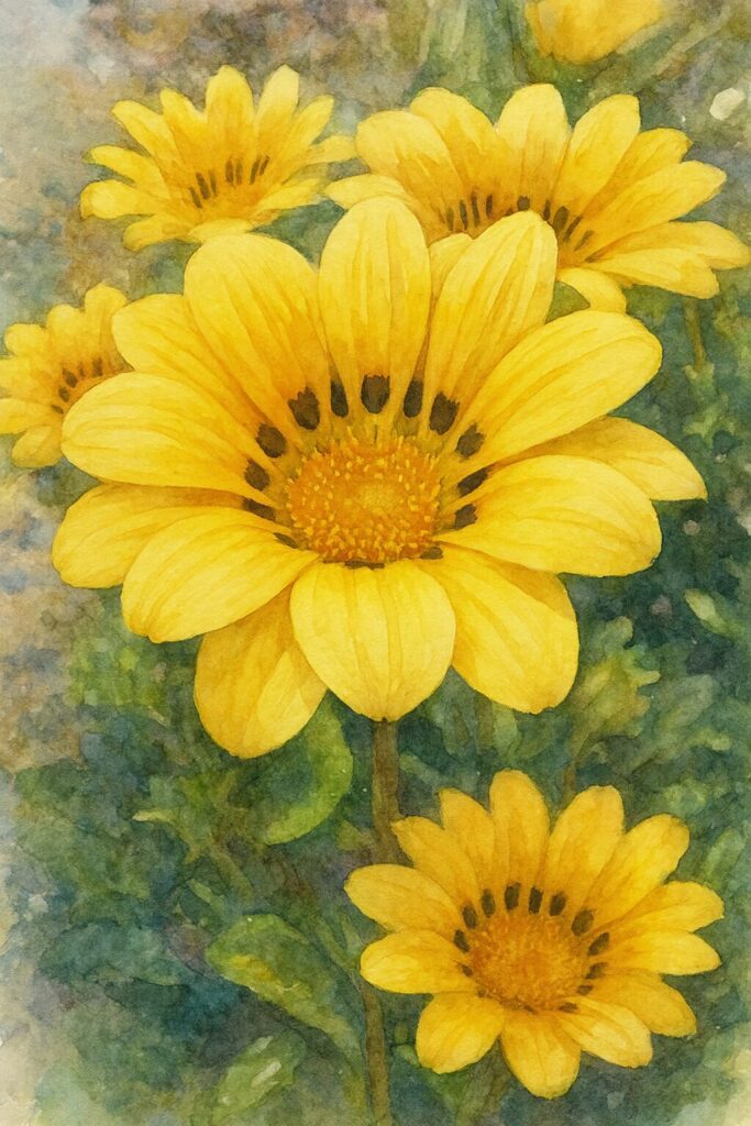 複数の黄色いガザニアが並んで咲く様子を柔らかな筆致で描いた水彩画風イラスト