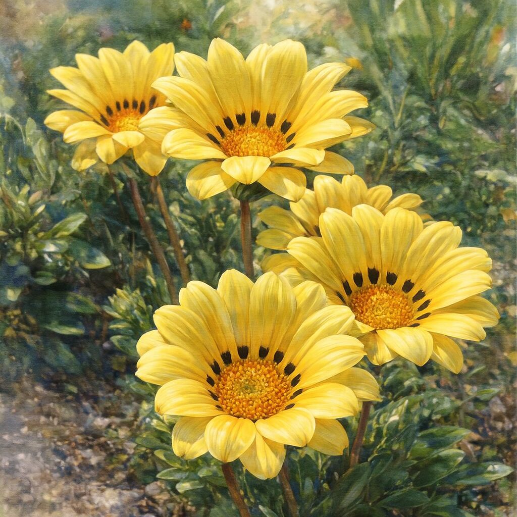 明るい黄色のガザニアが群生して咲く姿を柔らかな筆致で描いた水彩画風イラスト