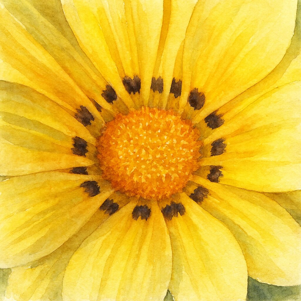 ガザニアの花芯と黄色い花弁を柔らかく表現した水彩画風イラスト｜黒い斑点模様が印象的な接写構図