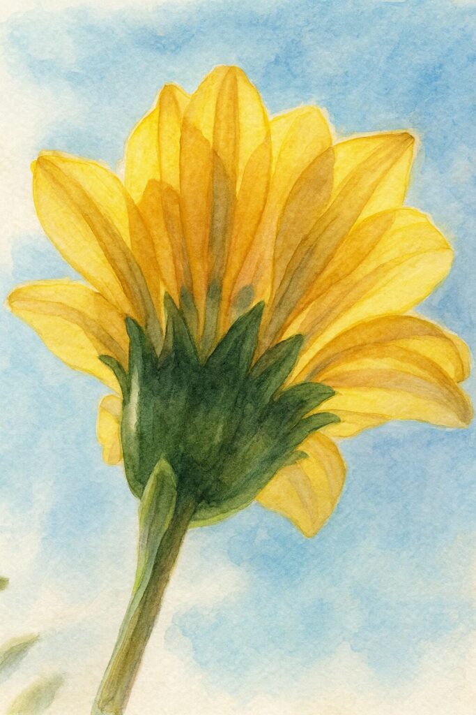 青空を背景に黄色いガザニアを下から見上げる構図で描いた水彩画風イラスト｜光に透ける花弁が印象的