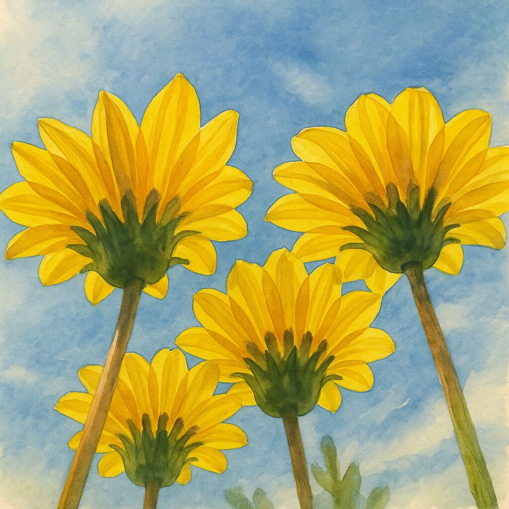 青空に向かって咲くガザニアを下から見上げる構図で描いた水彩画風イラスト｜複数の花が光に透けて輝く表現