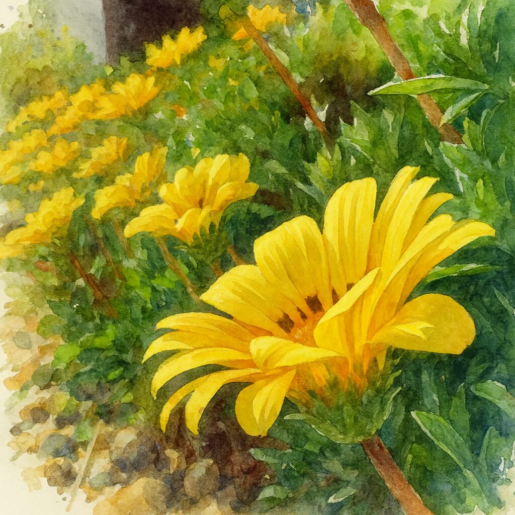 黄色いガザニアの花が並んで咲く姿を描いた水彩画風イラスト