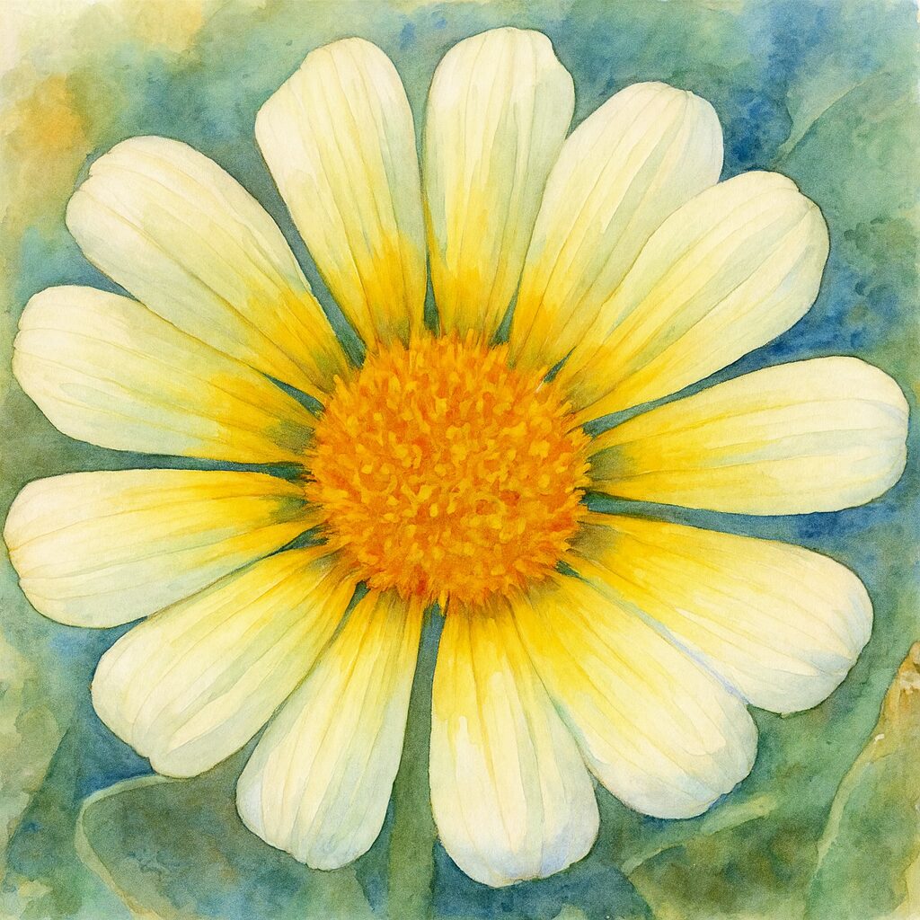 白から黄色へ淡く色づくガザニアの花を精密に描いた水彩画風イラスト