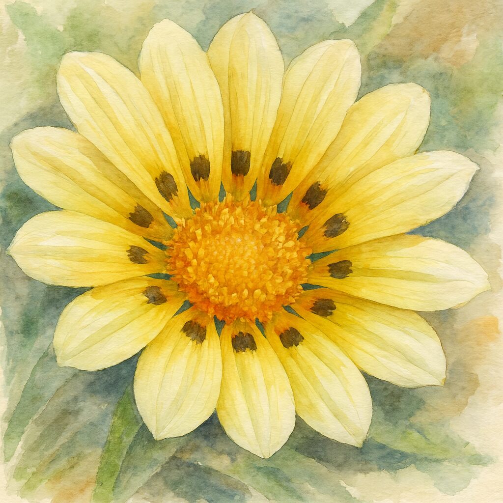 白から黄色へ色づくガザニアの花を柔らかなタッチで描いた水彩画風イラスト