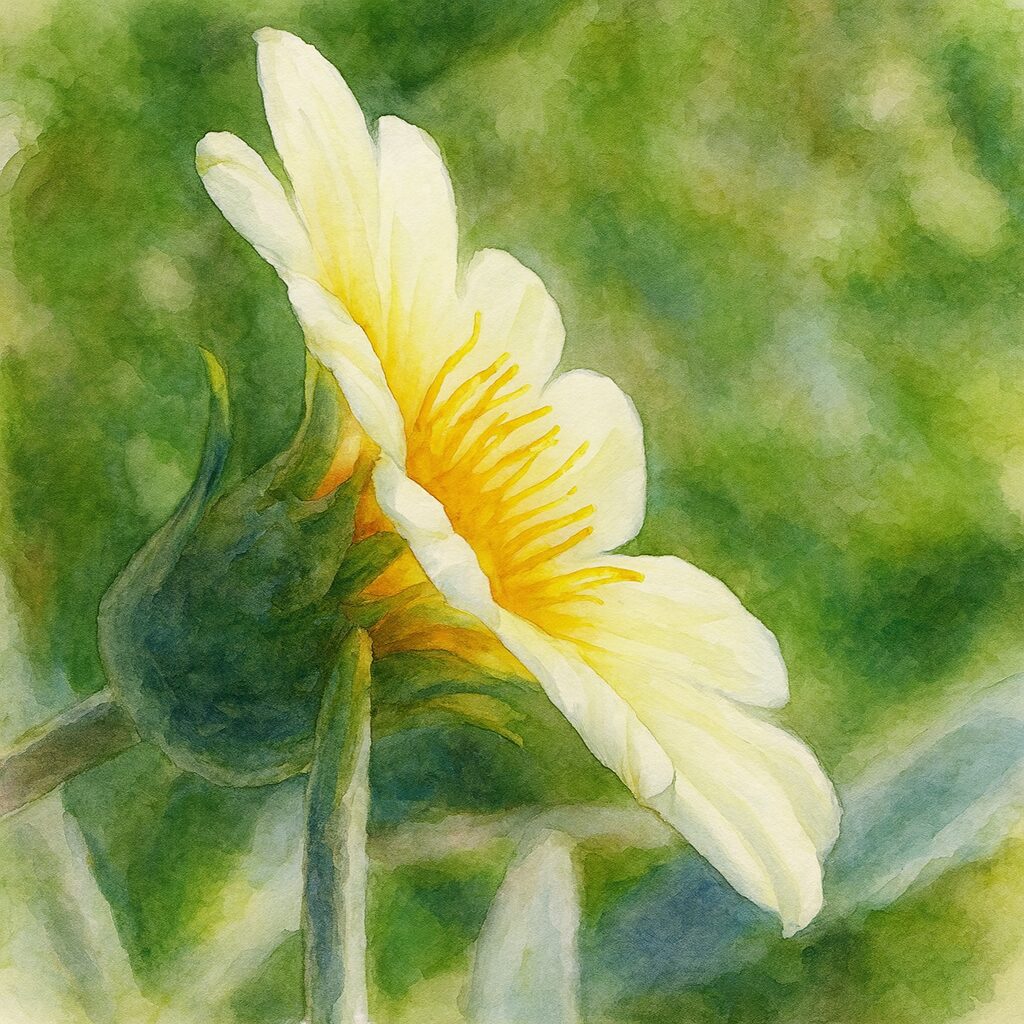 ガザニアの白い花を横から描いた水彩画風イラスト。淡い緑の背景に花びらと花芯の柔らかな色合いが際立つ