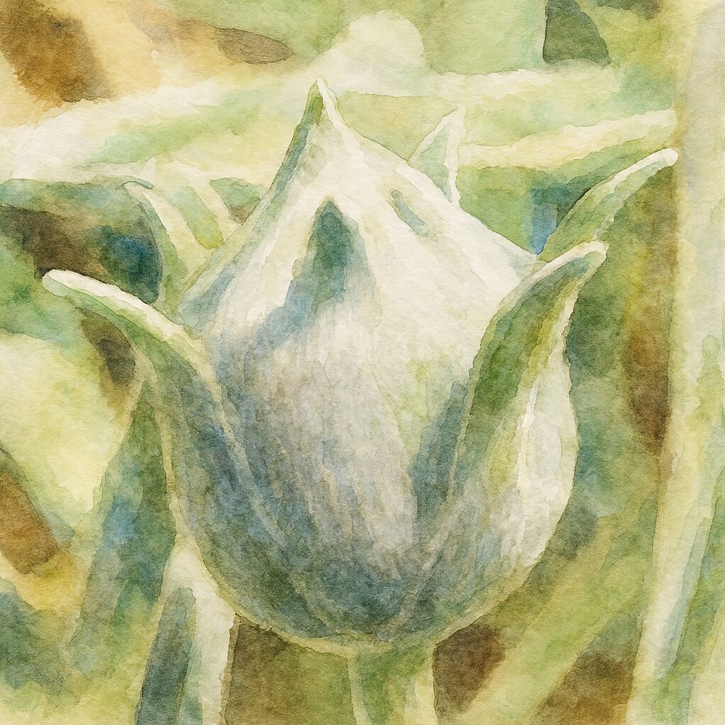 白い綿毛に包まれたガザニアのつぼみを水彩画風に描いたボタニカルアート