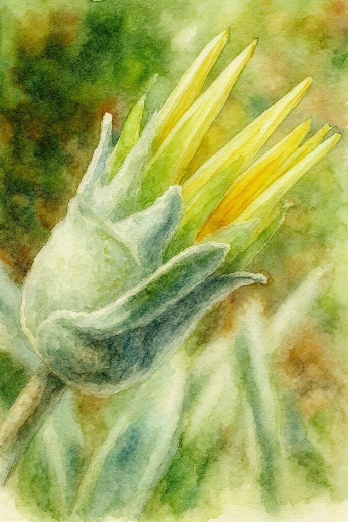 水彩画風に描かれたガザニアの開きかけの蕾と綿毛状の萼のボタニカルイラスト