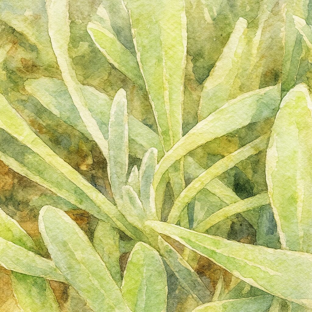 ガザニアの銀白色の葉を柔らかな筆致で描いた水彩画風ボタニカルイラスト