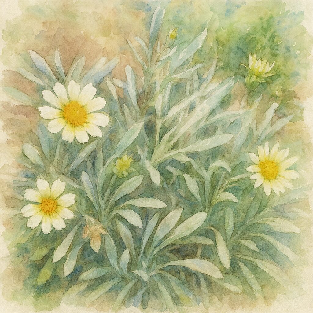 銀葉のガザニアが咲く姿を柔らかな筆致で描いた水彩画風イラスト