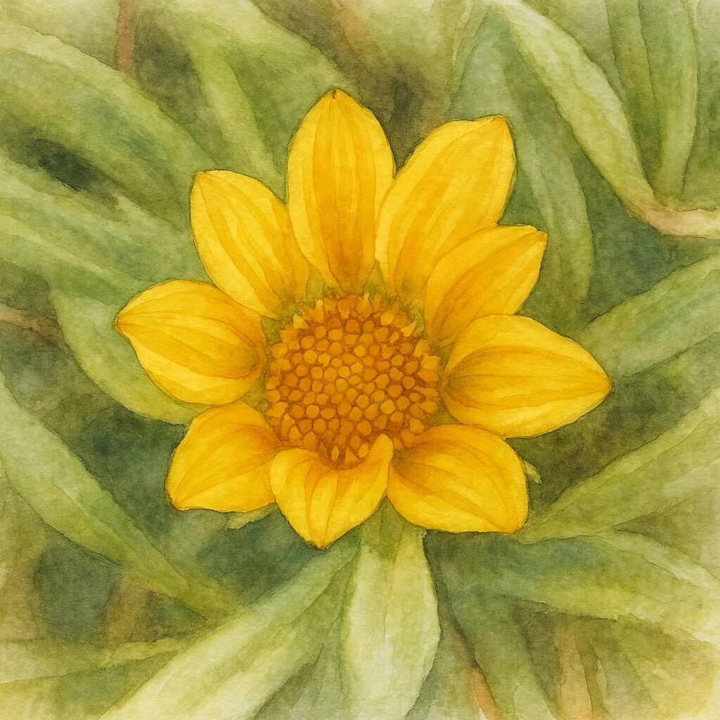 黄色いガザニアの蕾が開き始めた姿を描いた水彩画風イラスト