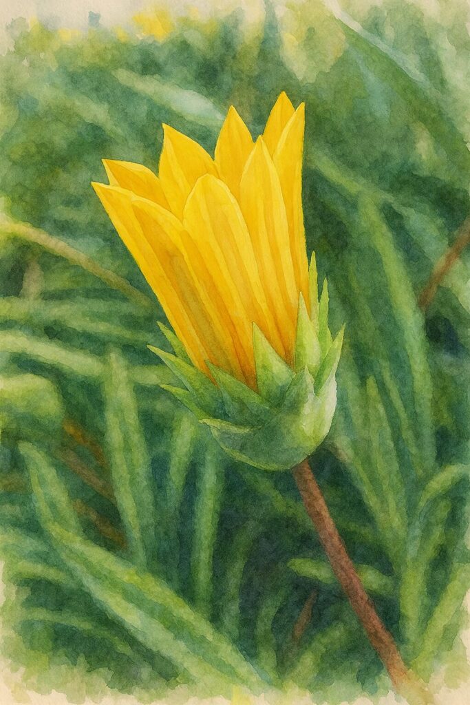 黄色いガザニアのつぼみをリアルな水彩画風で描いた植物イラスト