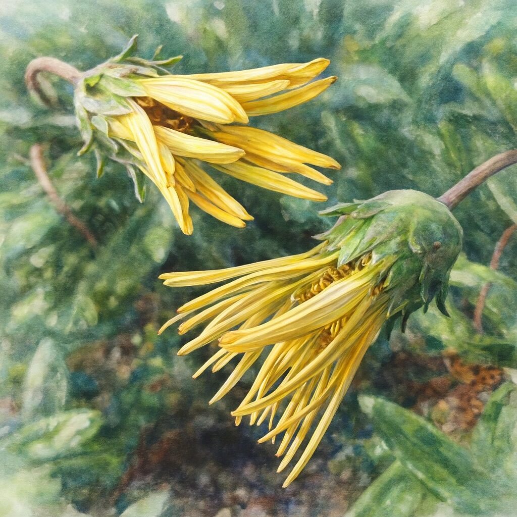 蕾が開きかけた黄色いガザニアをリアルな水彩画風で描いたボタニカルアート